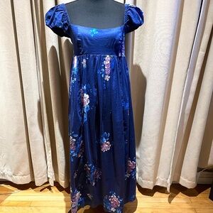 Free People Navy Floral Maxi Dress Puff Sleeve Size L